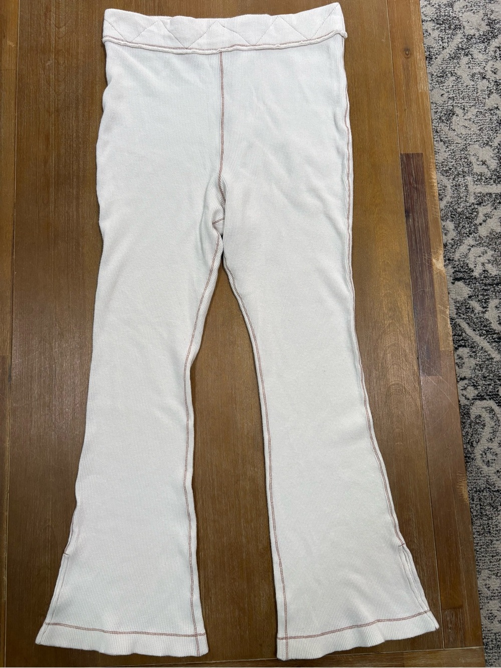 Free People Cream Ribbed Flare Pajama Pants with Stitching Detail